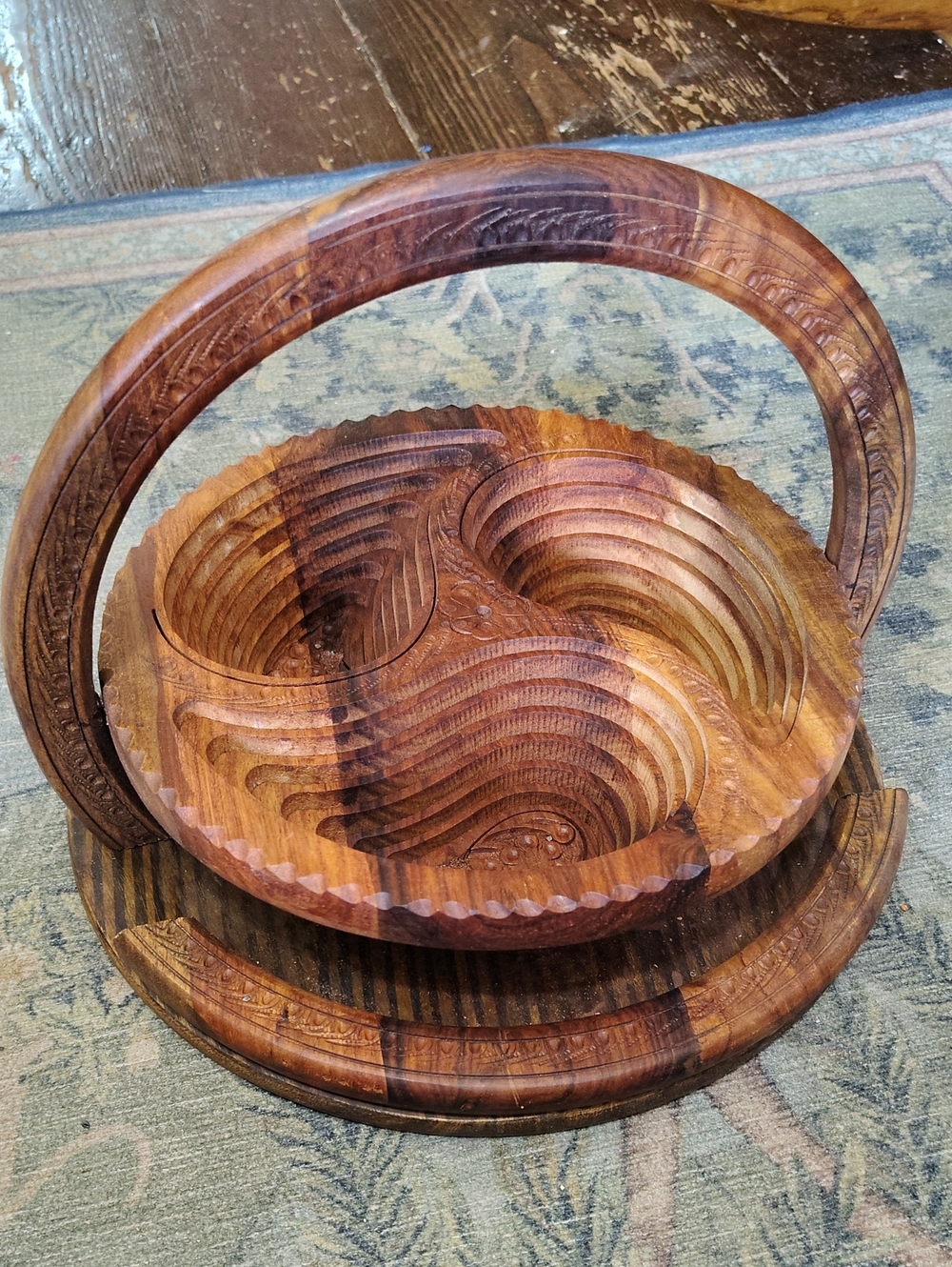 Hand-Carved Collapsible Wooden Serving Basket in Rich Brown
